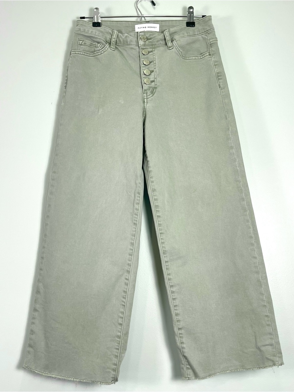 FLYING MONKEY Sage Green Gray Button Fly Denim Jeans Wide Leg Cropped Size 28